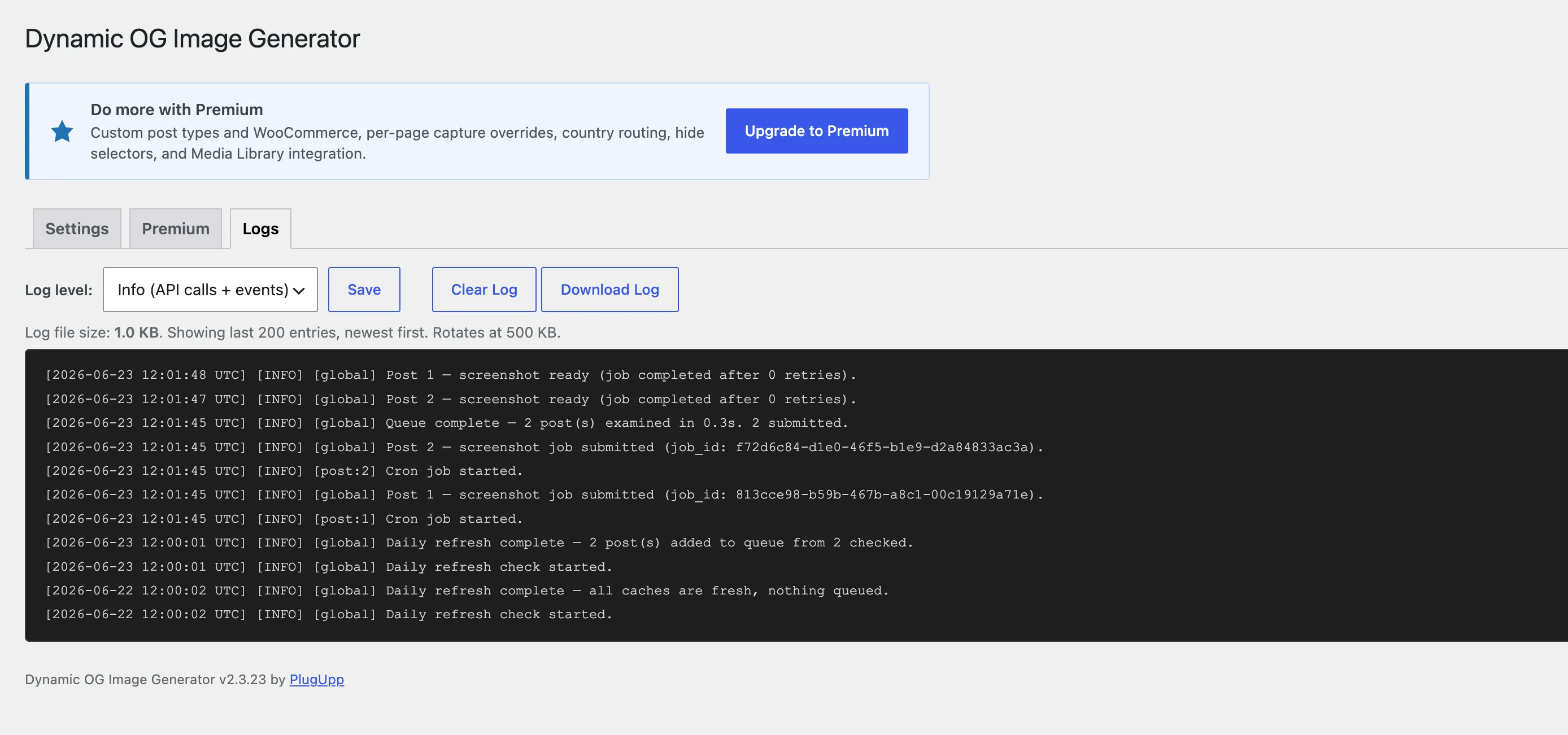 The Logs tab in the plugin settings