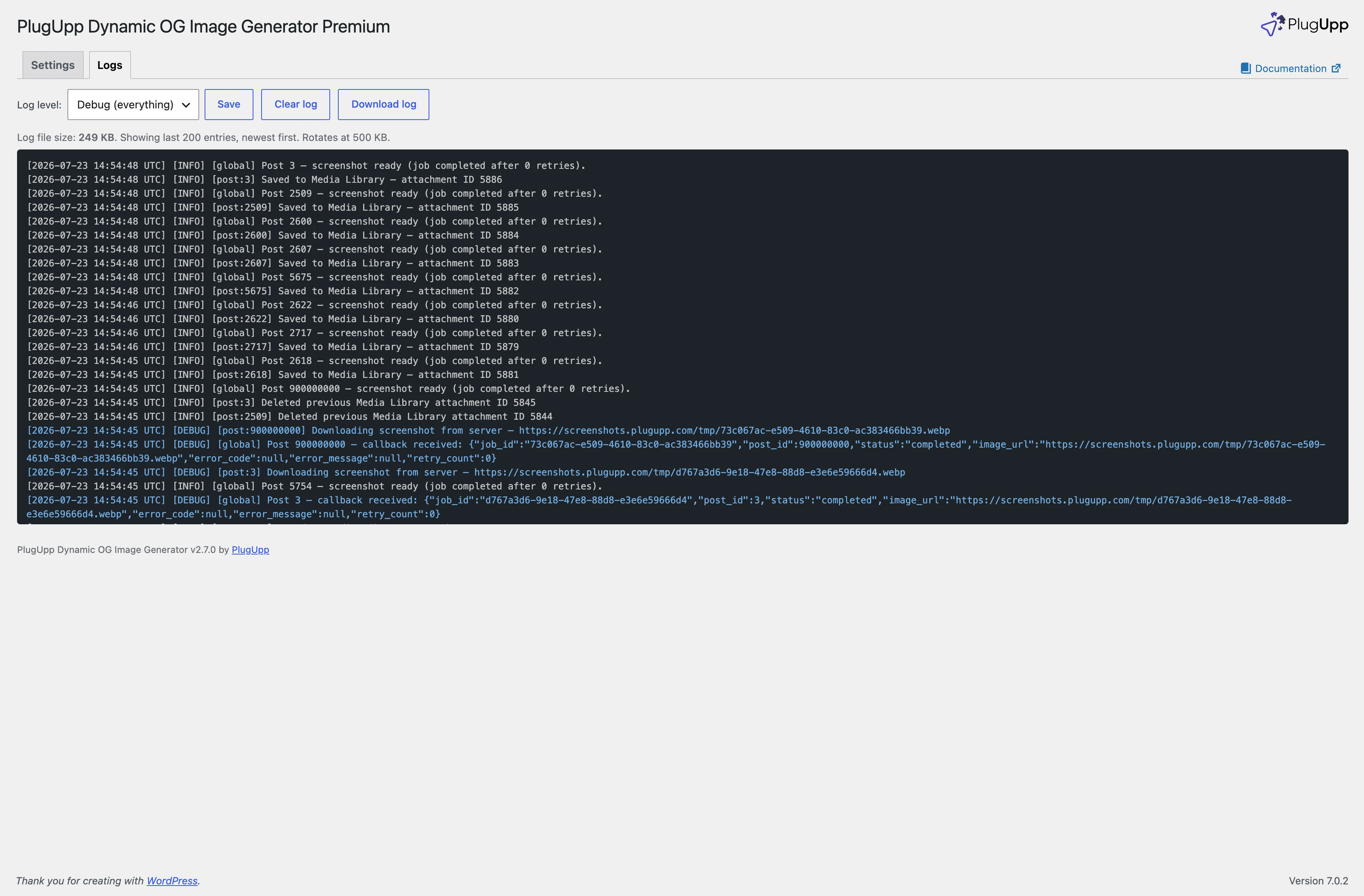 The Logs tab in the plugin settings