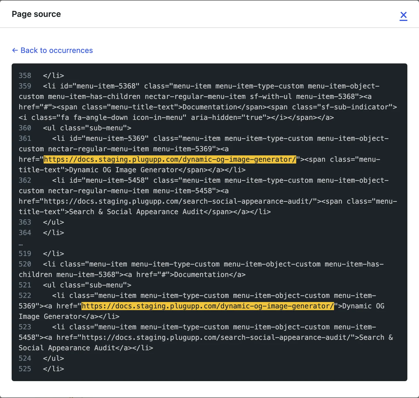 The page source with the broken reference highlighted in context